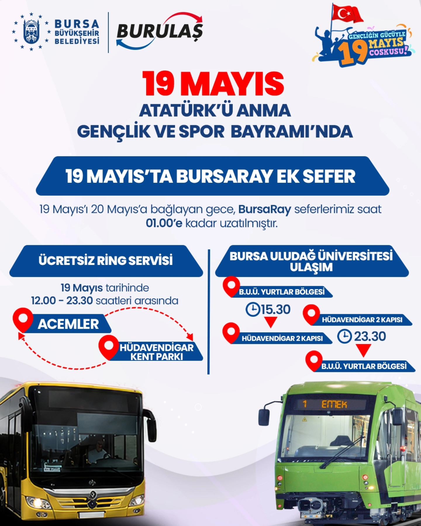 Bursa’da 19 Mayıs’ta ulaşım ücretsiz